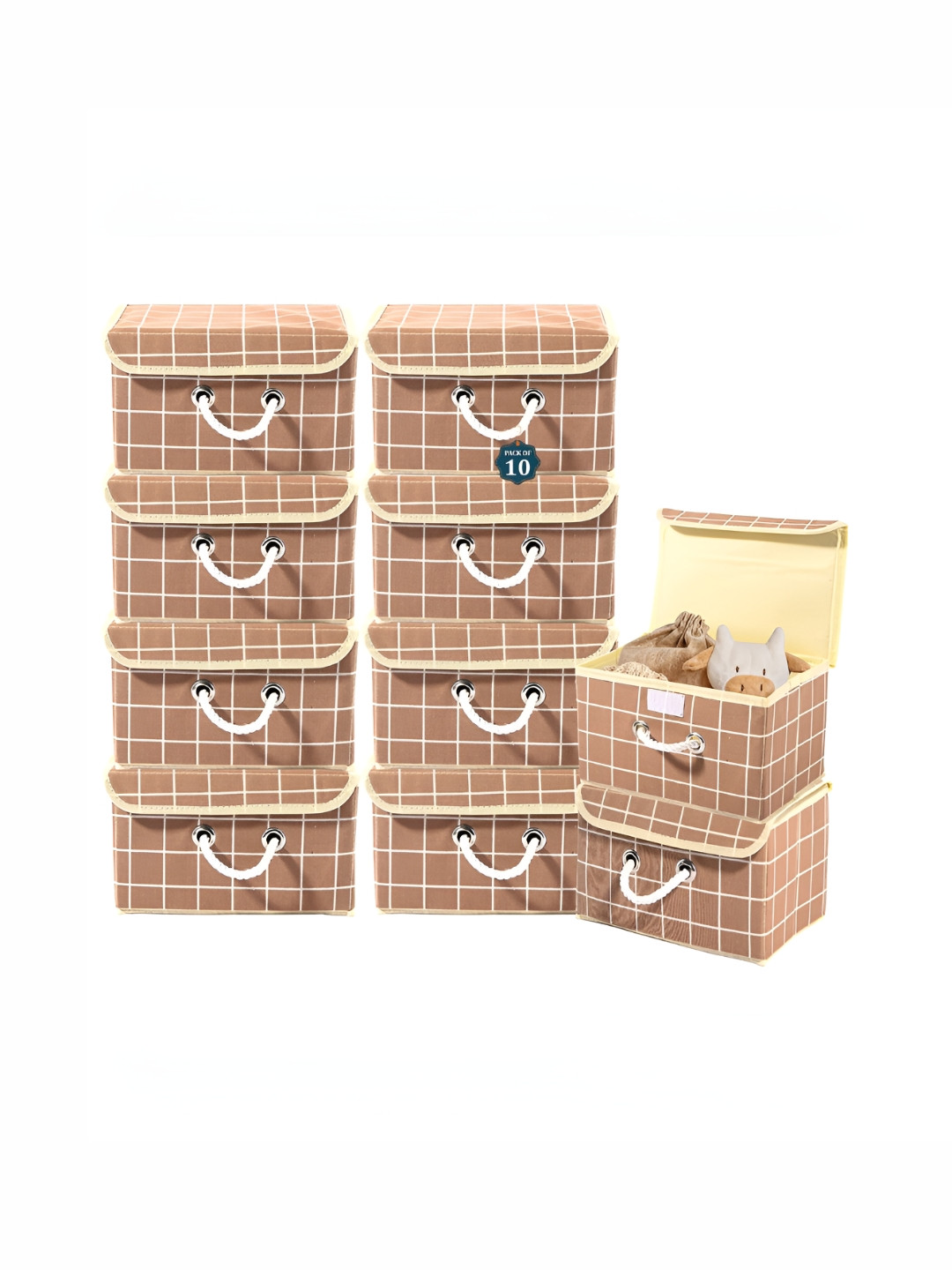 Aura Brown 10 Pcs Multipurpose Storage Box Wardrobe Clothes Organisers With Lid & Handle