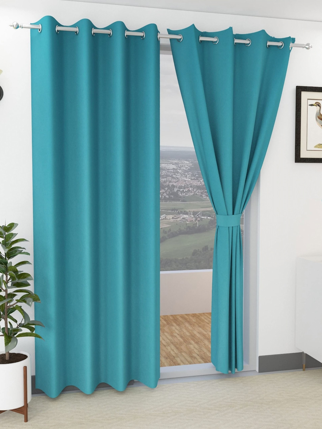 Yellow Weaves Teal Set of 2 Room Darkening Door Curtain