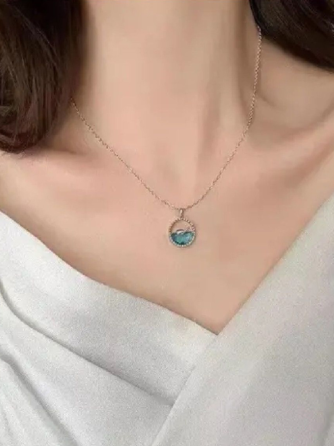 Crazy Fashion FAS Unisex Whale Blue Ocean Artificial Stones Studded Pendant & Chain