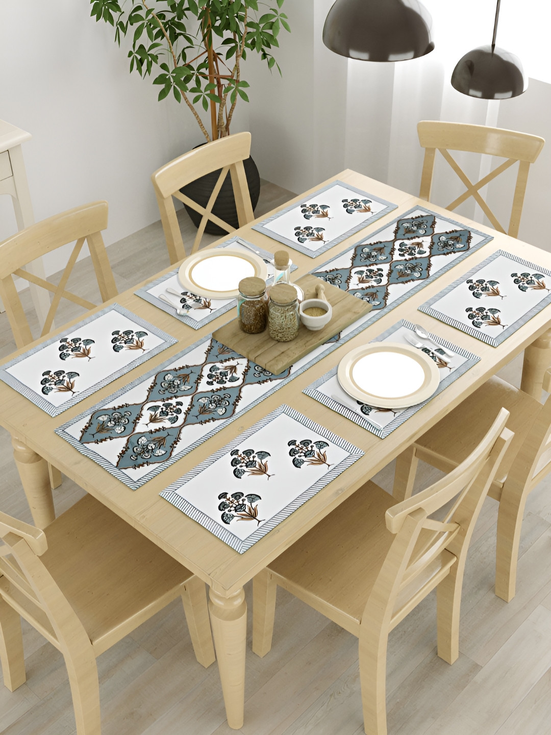 Gulaab Jaipur 7Pcs White & Grey Printed Rectangular Table Linen Sets