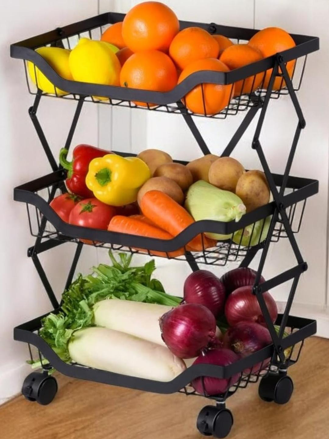 Foldable 3-Tier Metal Storage Basket with Wheels