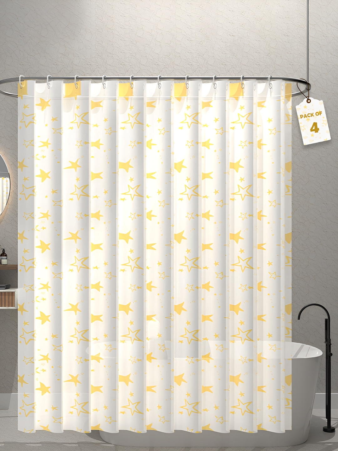 Aura 4-Pcs White & Yellow Star Printed Waterproof ShowerCurtainWithHooks