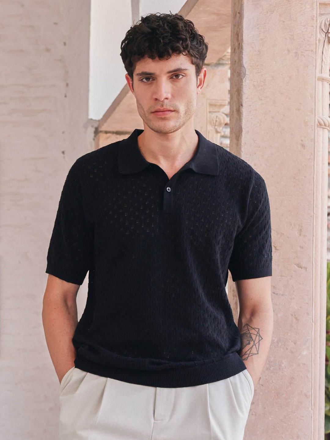 PRIMAL GRAY Men Solid Polo Collar Cotton Slim Fit T-shirt