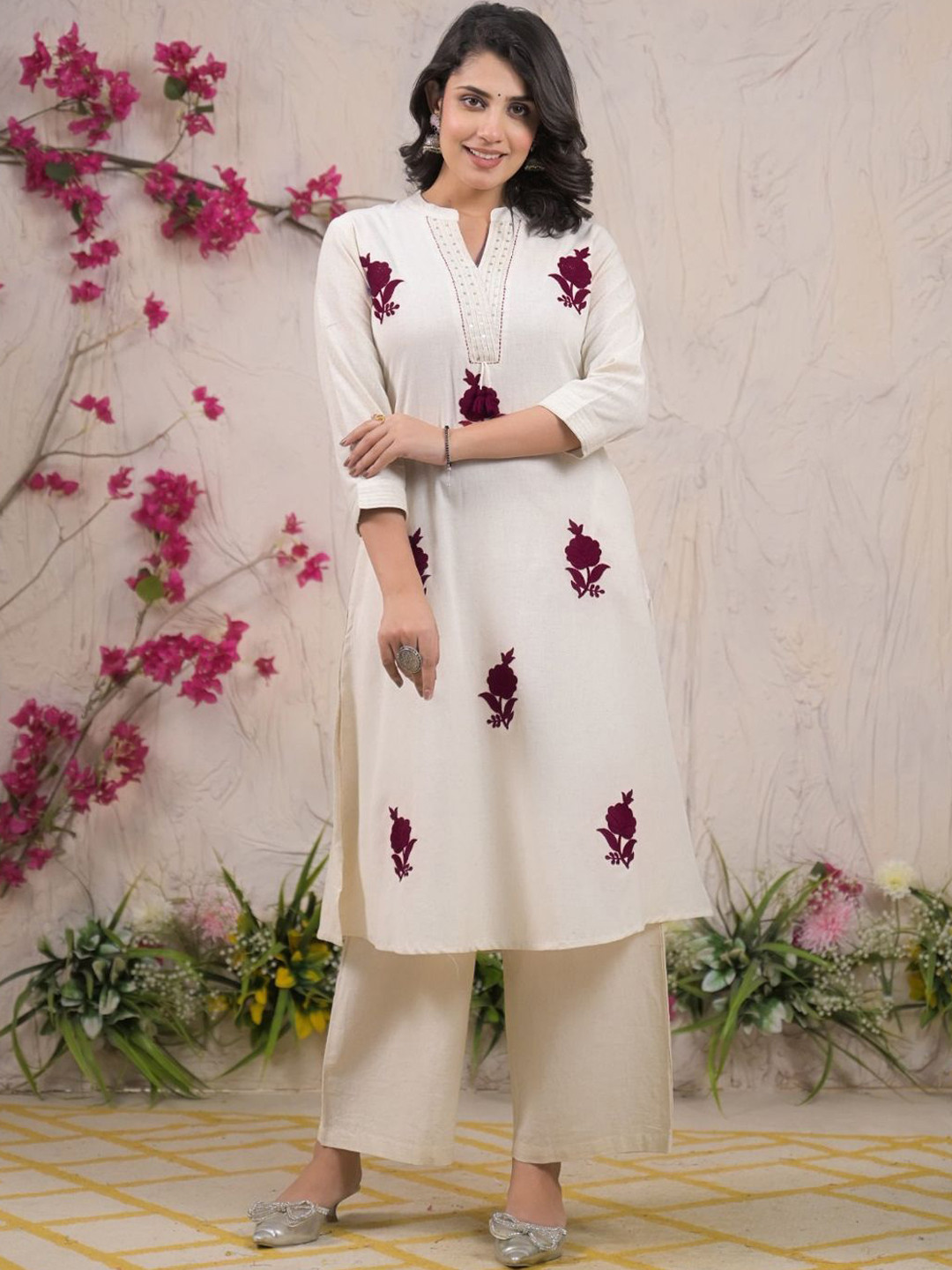 Readiprint Floral Embroidered Mandarin Collar Thread Work Straight Kurta With Palazzos