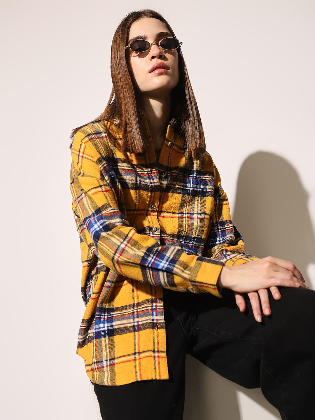 ONLY Tartan Checks Checked Printed Spread Collar Oversized Cotton Shirt