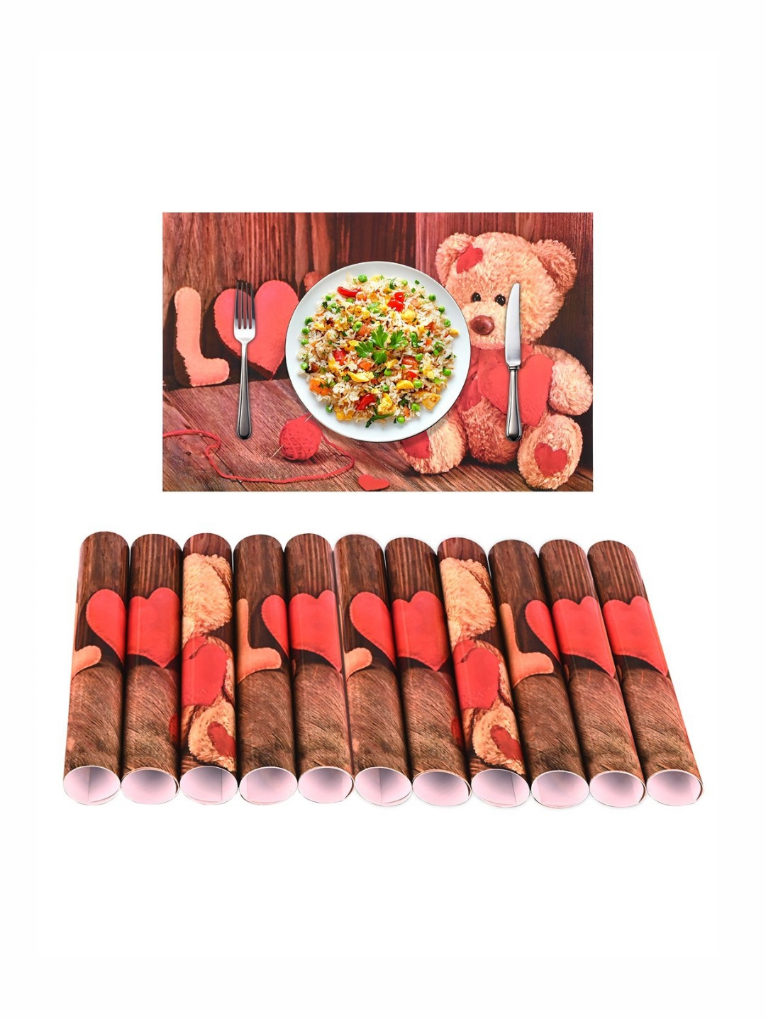 Aura 12Pcs Brown & Red Teddy-Bear Printed Waterproof Dining Table Placemats