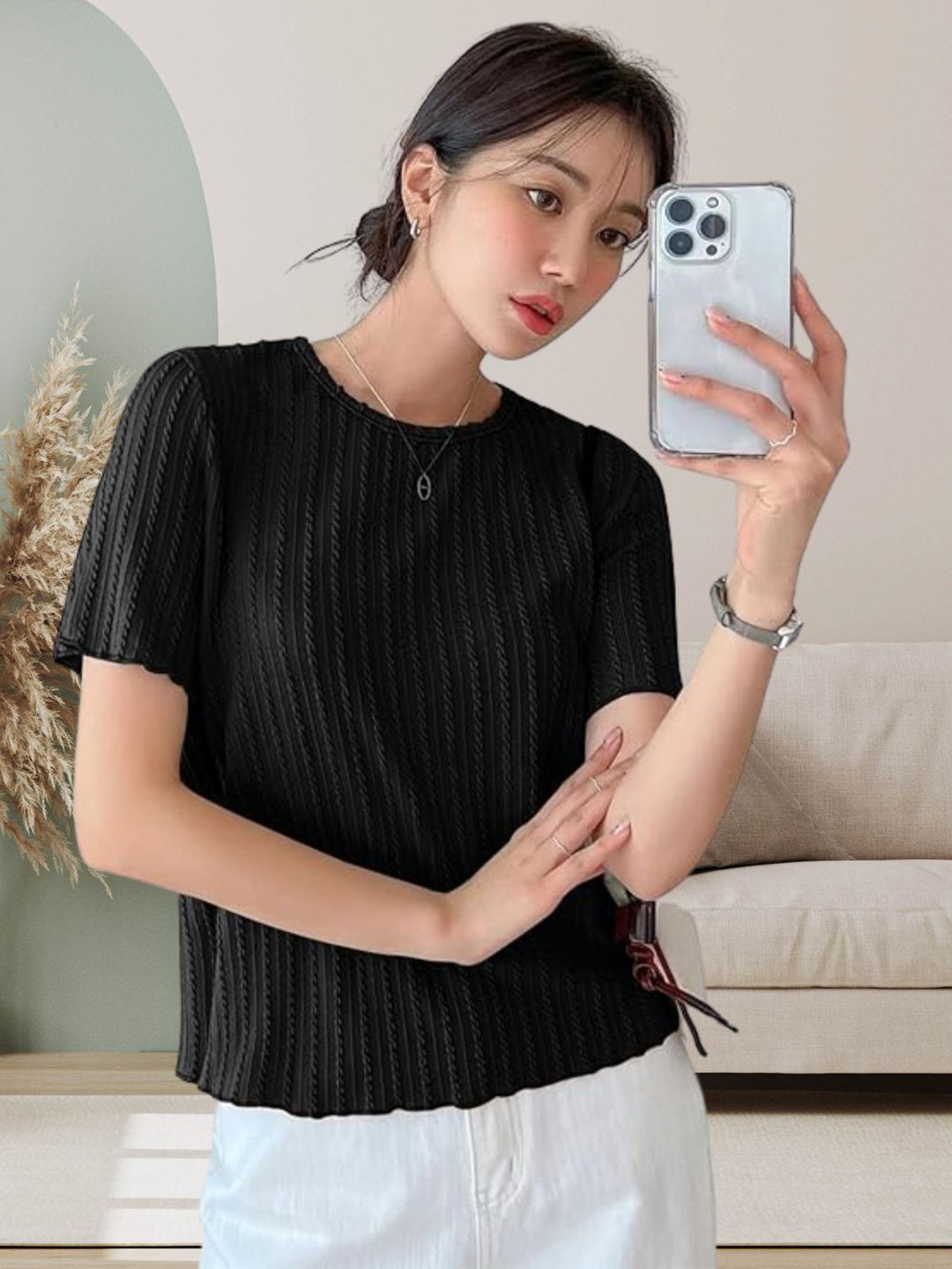 DressBerry Korean Self Design Round Neck Short Sleeves Regular Fit T-shirt