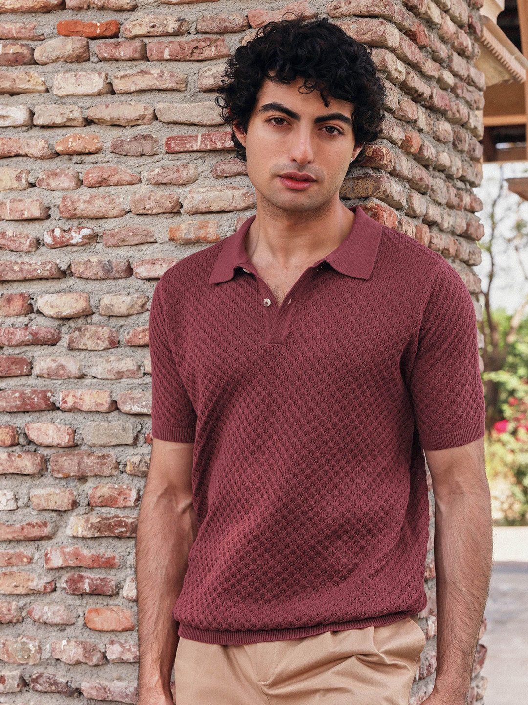 PRIMAL GRAY Men Self Design Polo Collar Cotton Slim Fit T-shirt