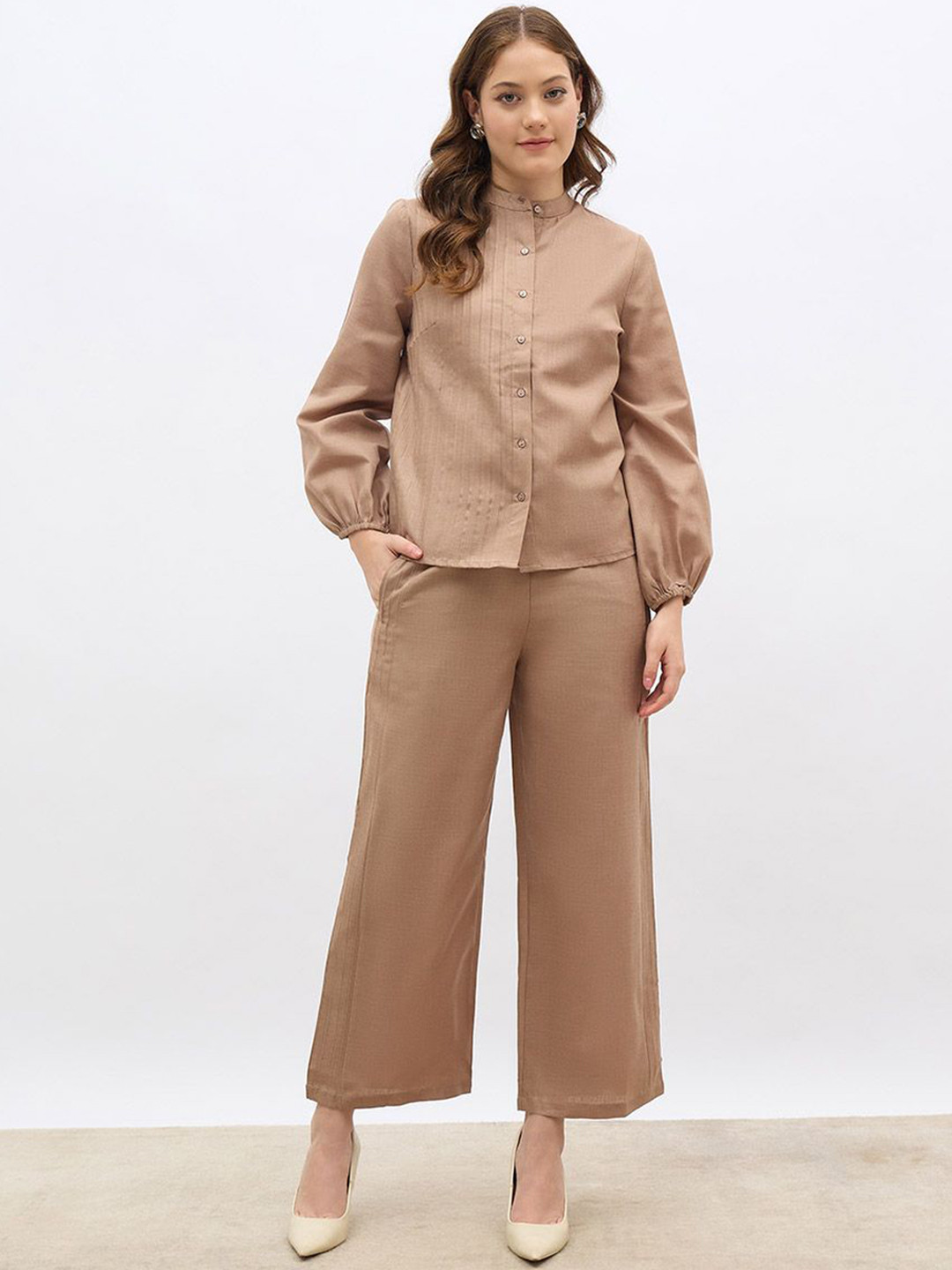 Styli Cuff Balloon Sleeves Shirt & Wide Leg Trouser Co-Ord Set