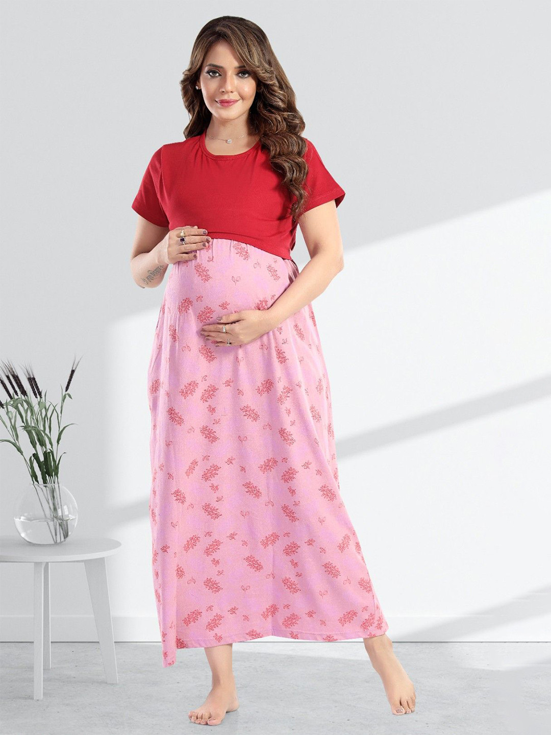 MomsBae Women Printed Pure Cotton Maxi Maternity Sweat Nightdress