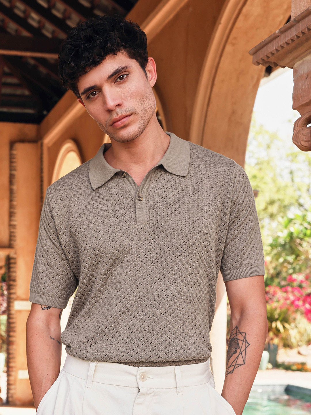 PRIMAL GRAY Men Self Design Polo Collar Cotton Slim Fit T-shirt