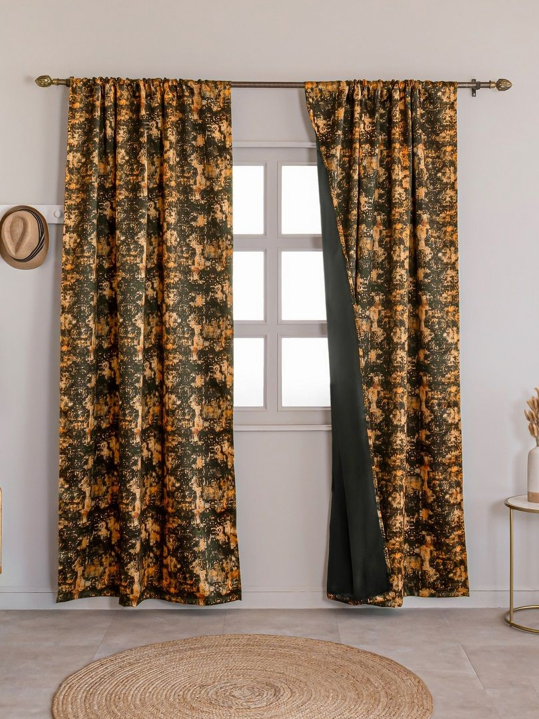 HOMEMONDE Black & Orange 2 Pieces Abstract Printed Black Out Door Curtain