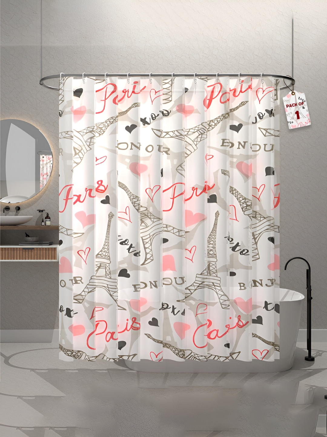 Aura Pink & Grey Eiffel Tower Printed Waterproof ShowerCurtainWithHooks