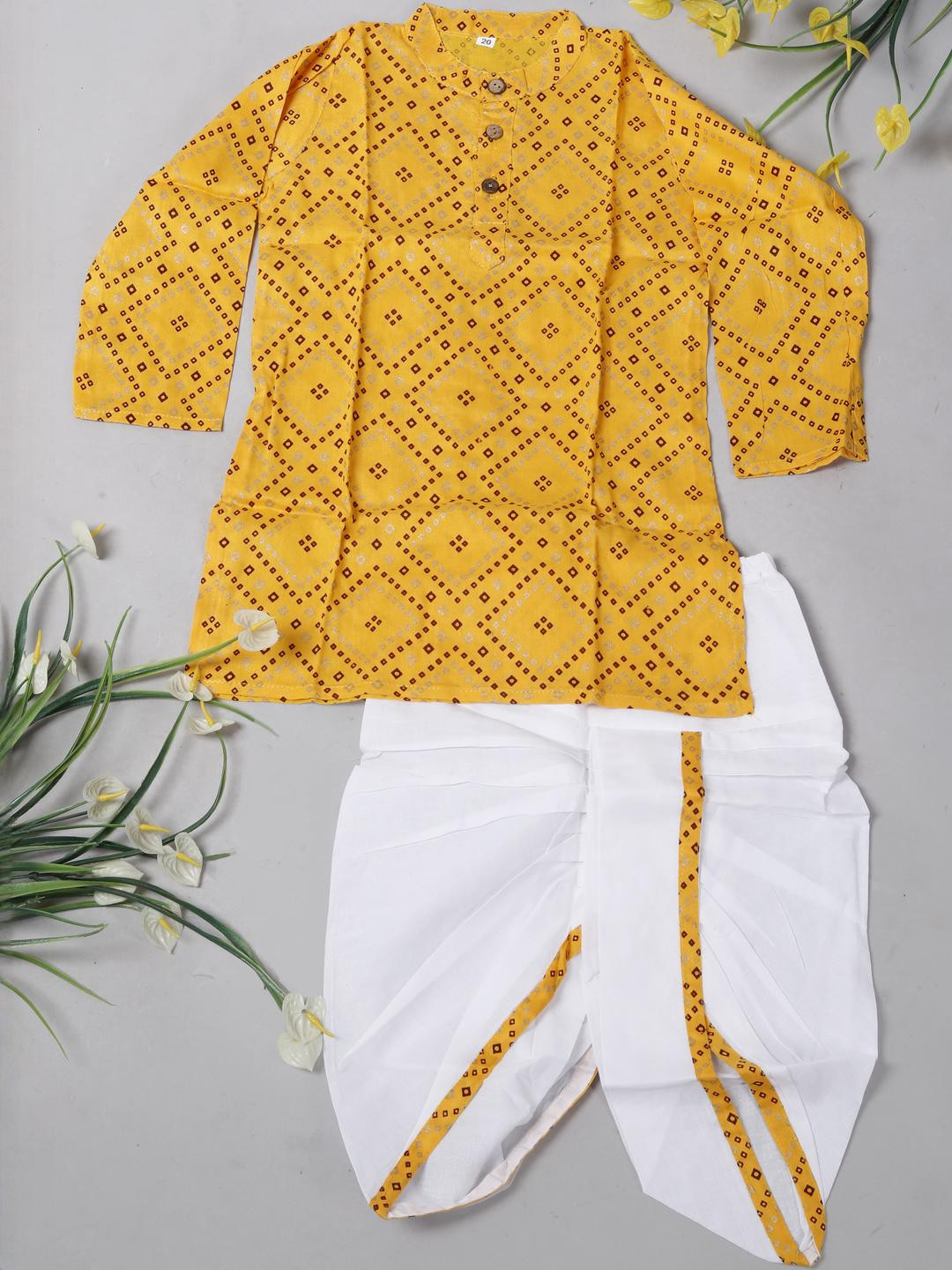 Little Dreams Boys Bandhani Printed Band Collar Dhoti & Kurta Set