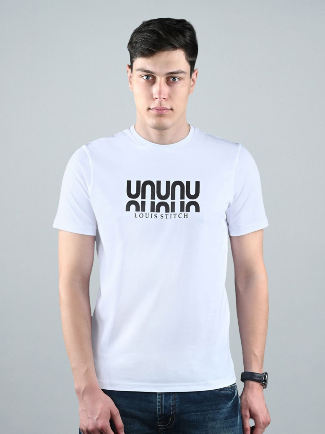 LOUIS STITCH Typography Printed Round Neck Cotton T-shirt