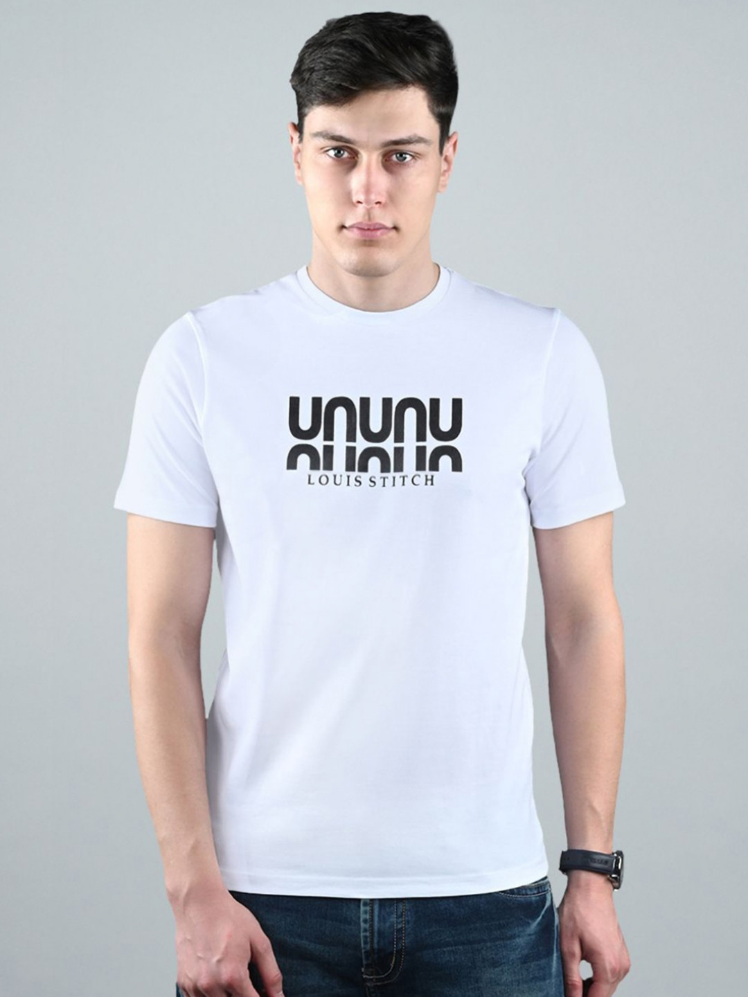 LOUIS STITCH Typography Printed Round Neck Cotton T-shirt