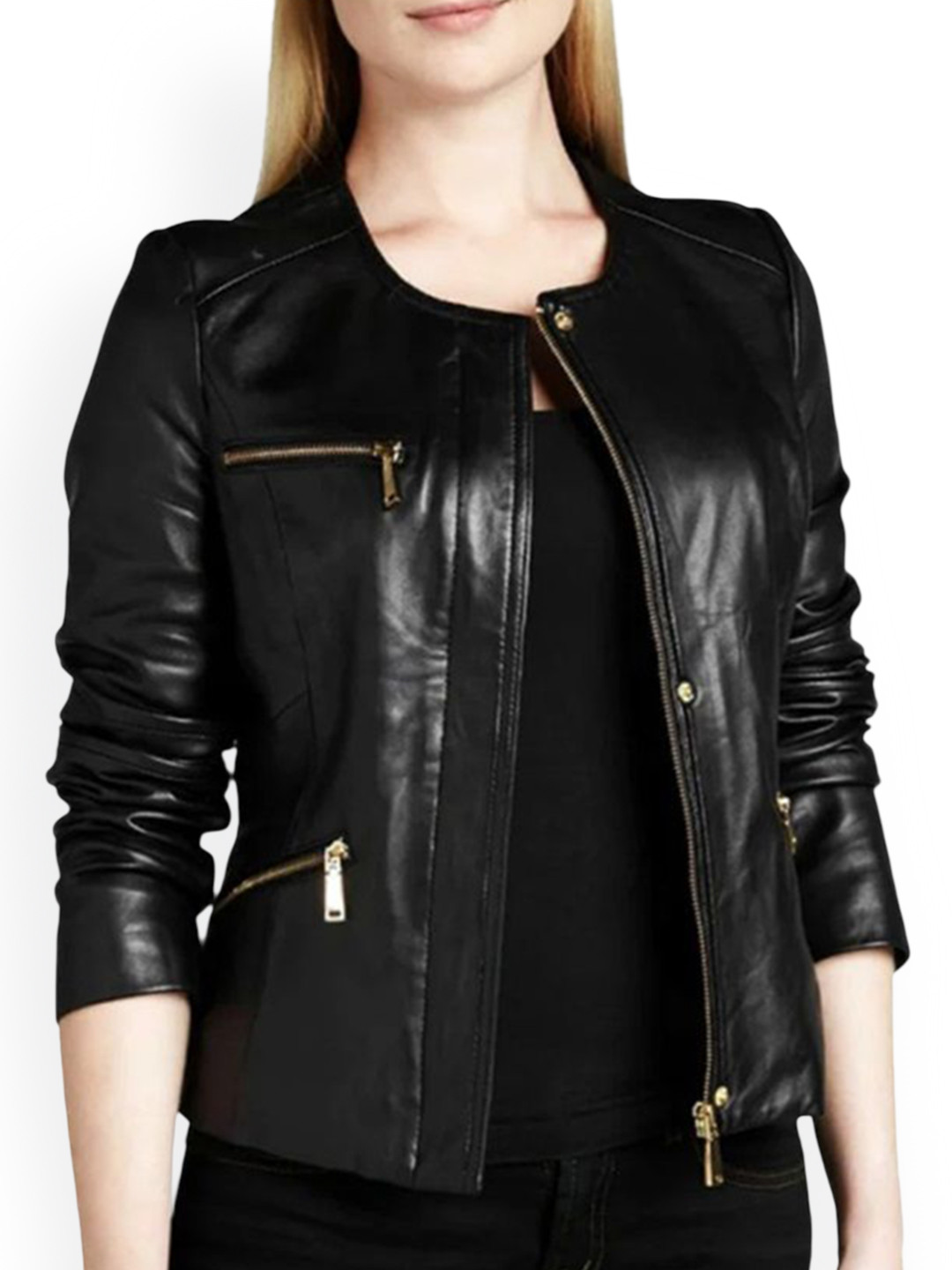 NOORA Stand Collar Leather Jacket