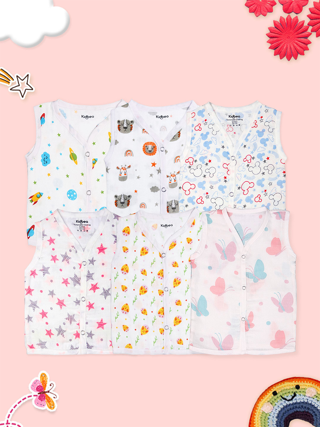 Kidbea Infants Pack Of 6 Printed Pure Bamboo Jhabla JH_13_PO6_03