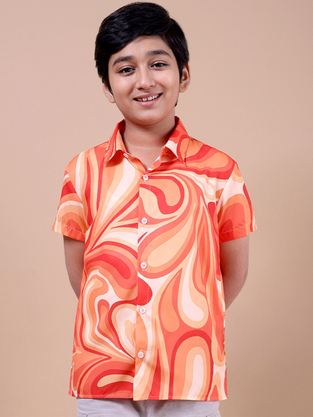 Enciger Boys Printed Spread Collar Half Sleeves Standard Cotton Shirt