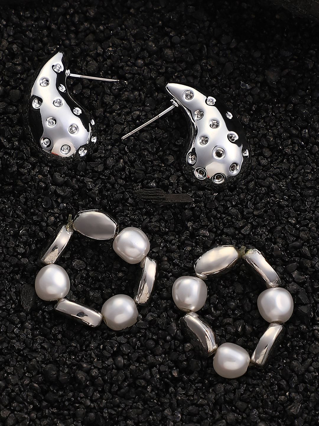 SOHI Set Of 2 Silver-Plated Teardrop Loop Studs Earrings