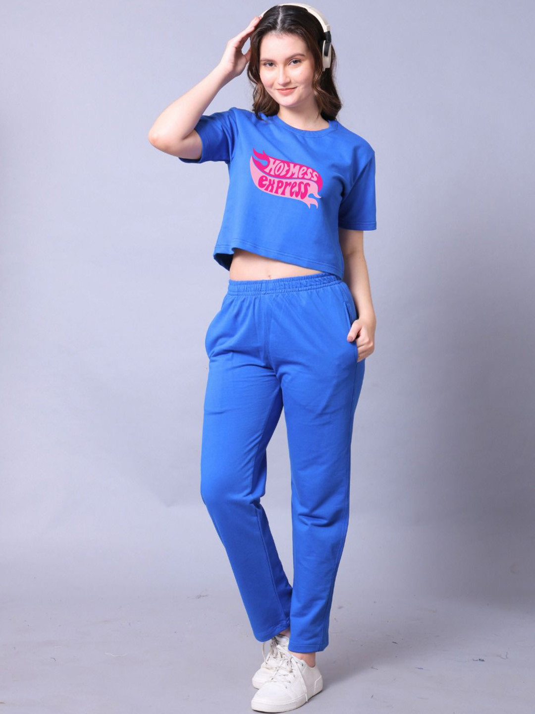 Lazy Lush Blue Typographic Printed Round Neck Crop Top & Trousers Co-Ords