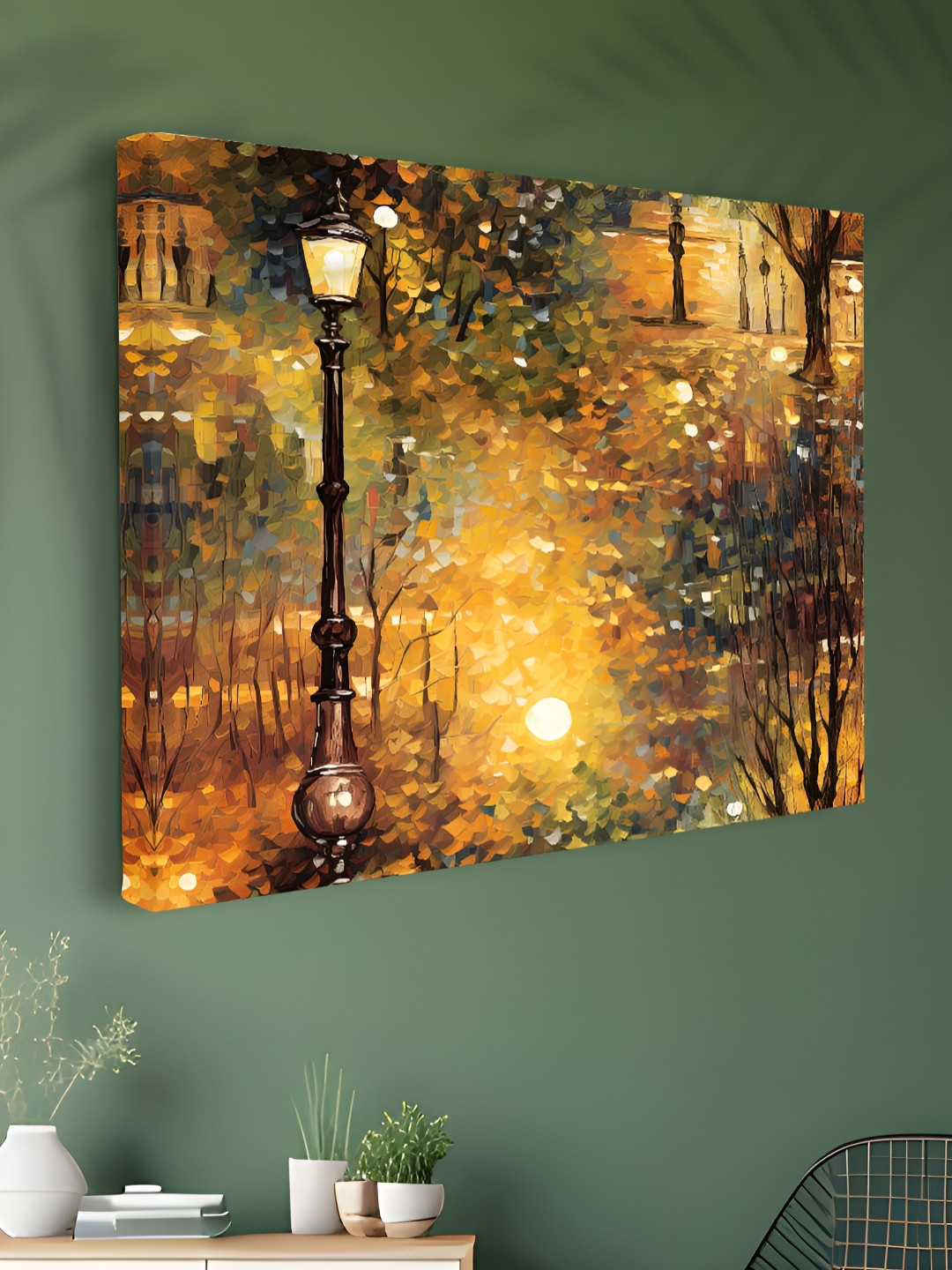 SAF Green & Orange Canvas Autumn Street Lamp Wall Art