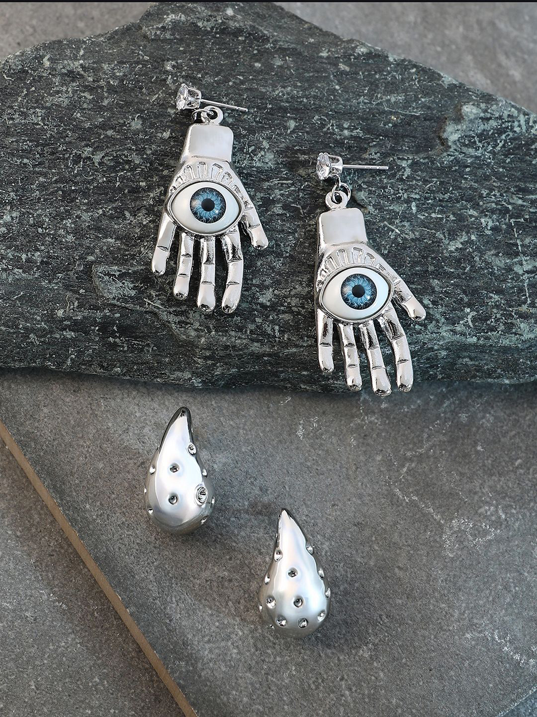 SOHI Set Of 2 Silver-Plated Evil Eye Teardrop Drop Earrings