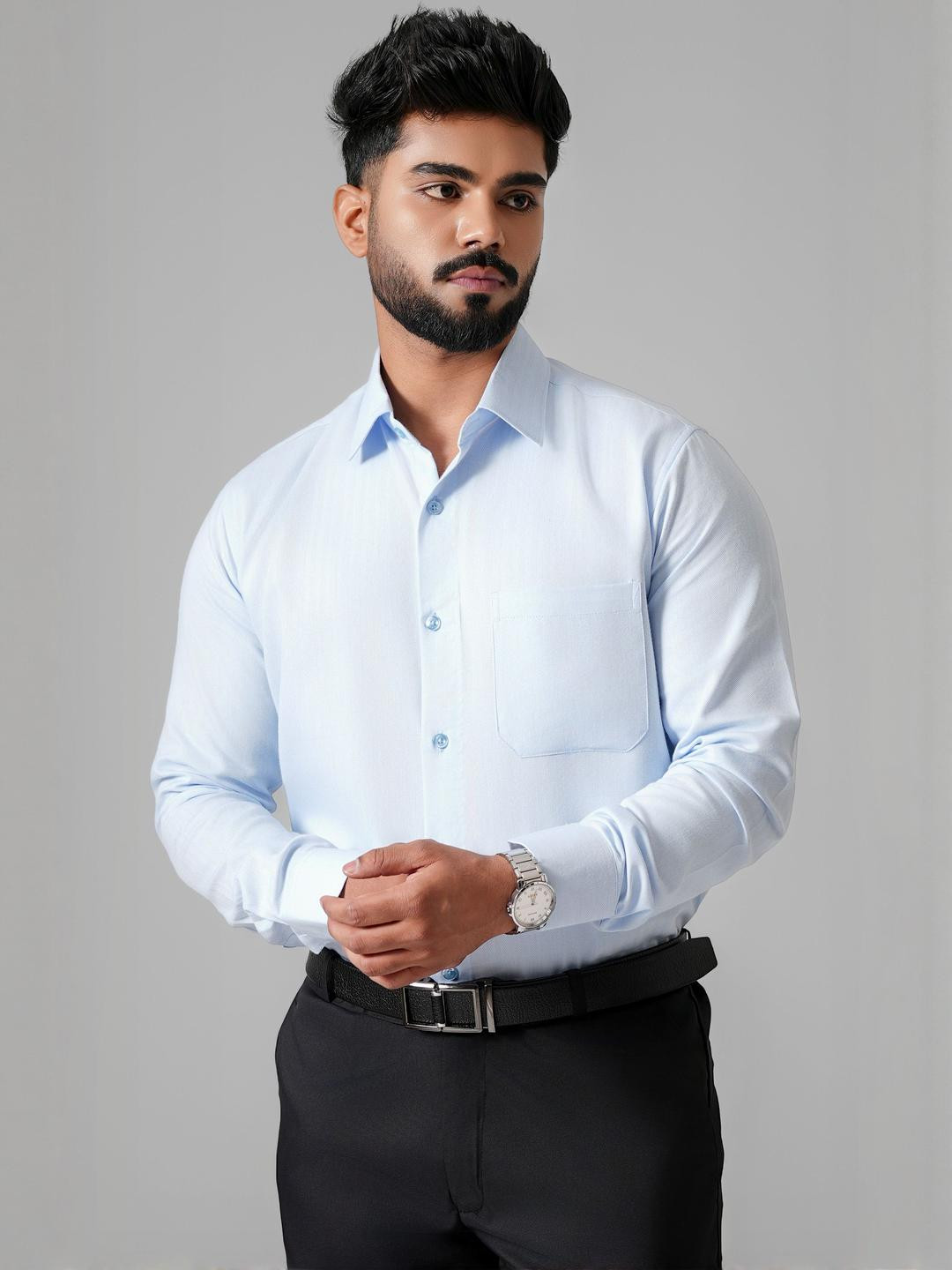 Haute Tissue Slate Azure Full Sleeves Textured Shirt