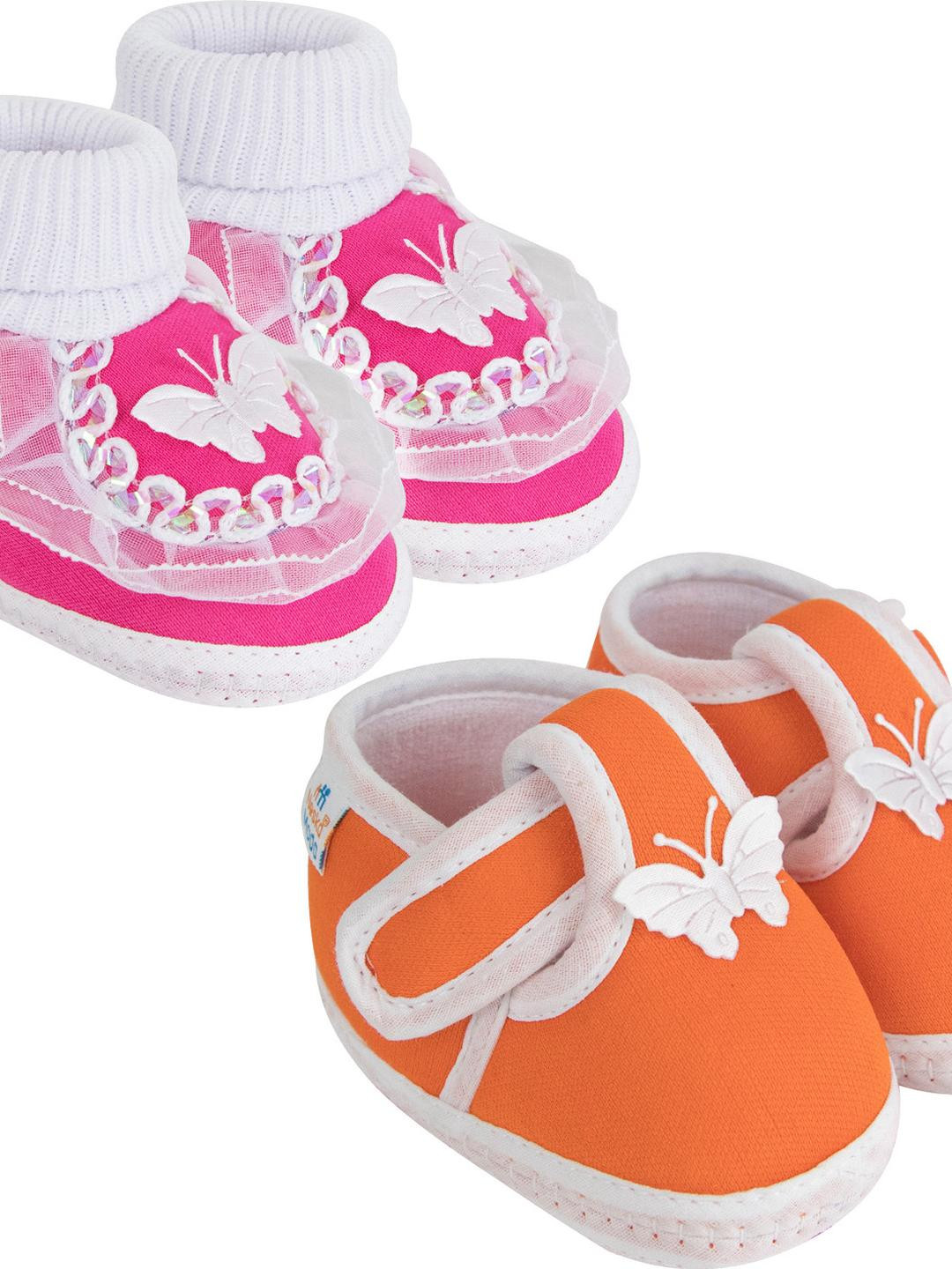 NESKA MODA 3 To 12 Month Cotton Newborn Baby Booty 2 Pair Set Soft Butterfly Walking Shoe Booties