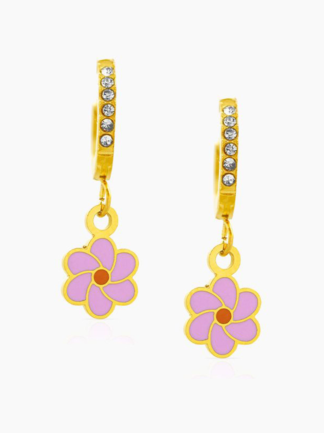 SWASHAA Blossom Girls Pink Flower Charm 18K Gold Plated Hoop Earrings