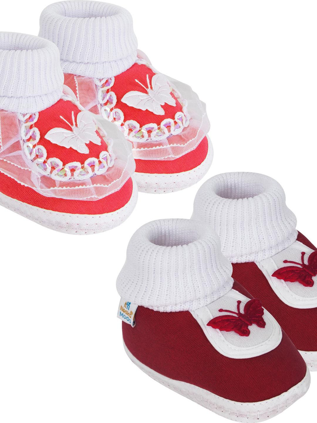 NESKA MODA 3 To 12 Month Cotton Newborn Baby Booty 2 Pair Set Soft Butterfly Walking Shoe Booties