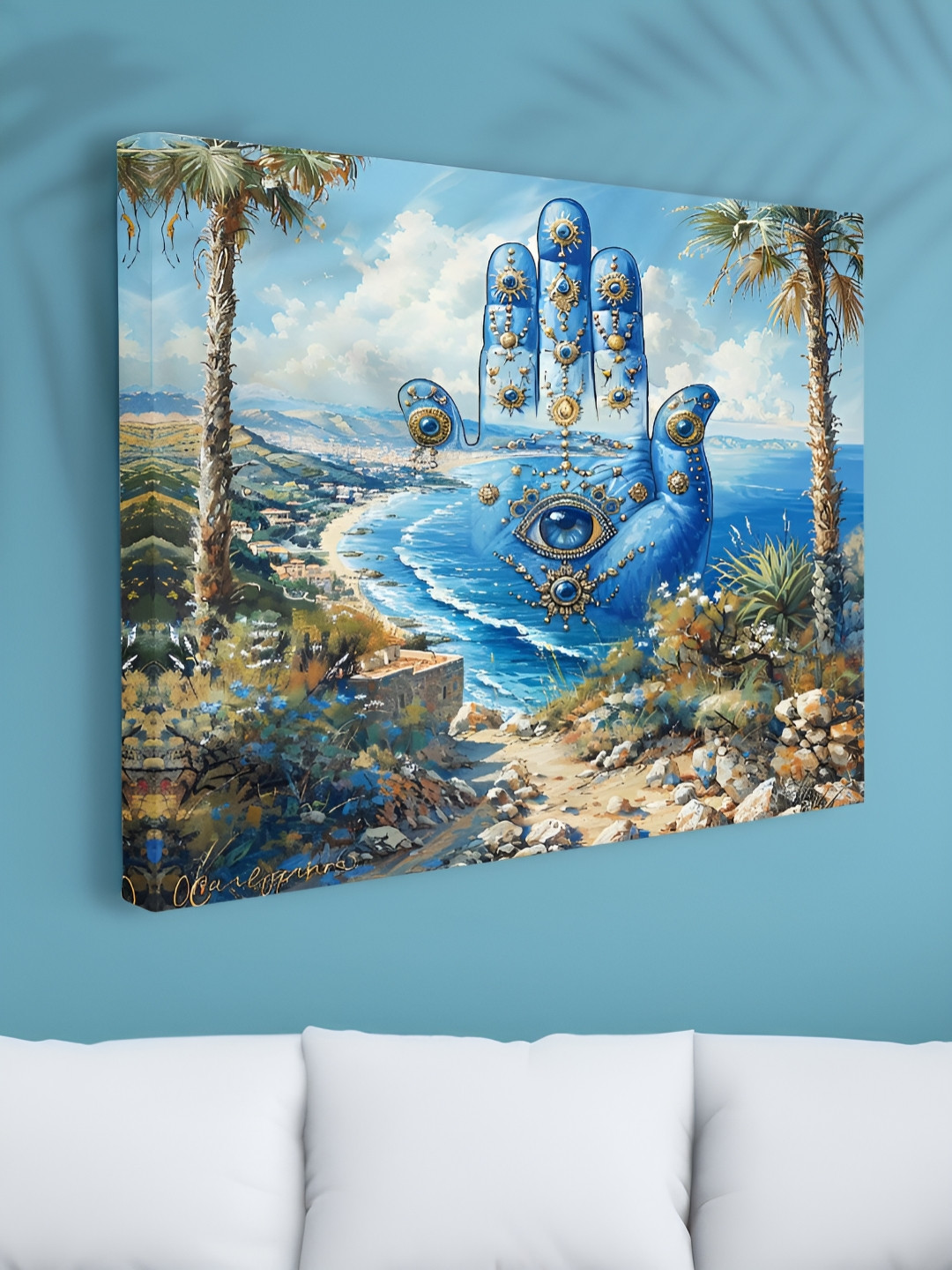 Myntra Elegant Homes Blue & Grey Beach On Hand Printed Canvas Wall Art