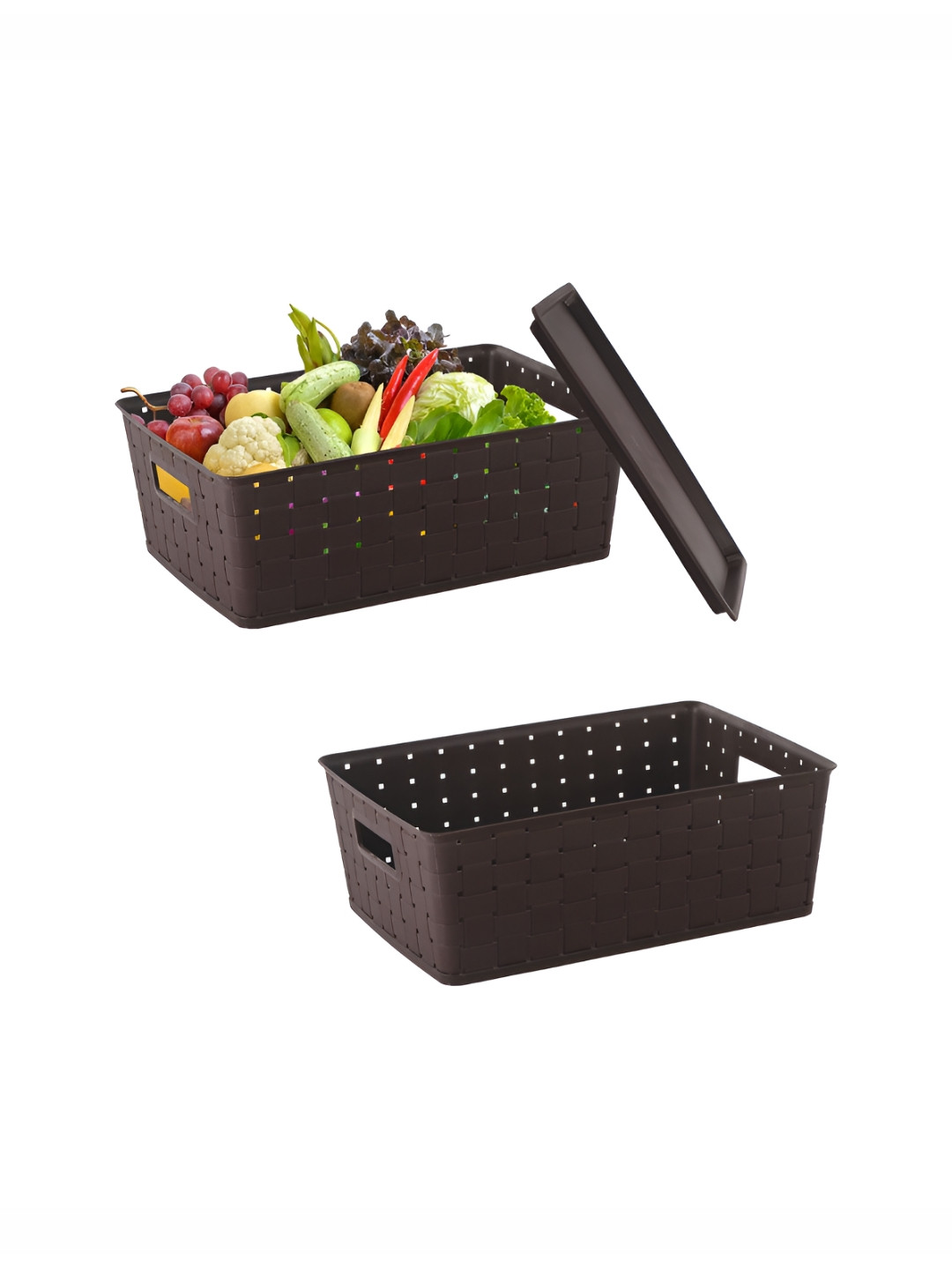 Aura Brown Pack of 2 Stackable Plastic 5 LTR Multi-Purpose Basket for Storage Box with Lid