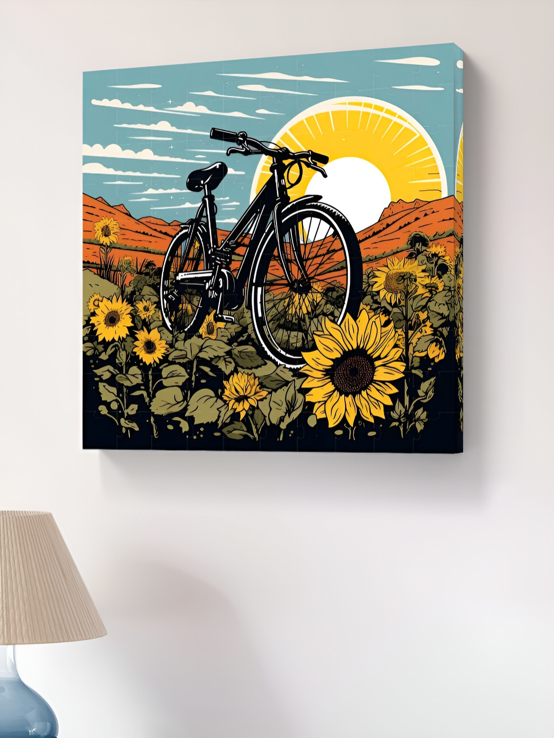 SAF Yellow & Green Bicycle On Sunflowers Printed Canvas Wall Art