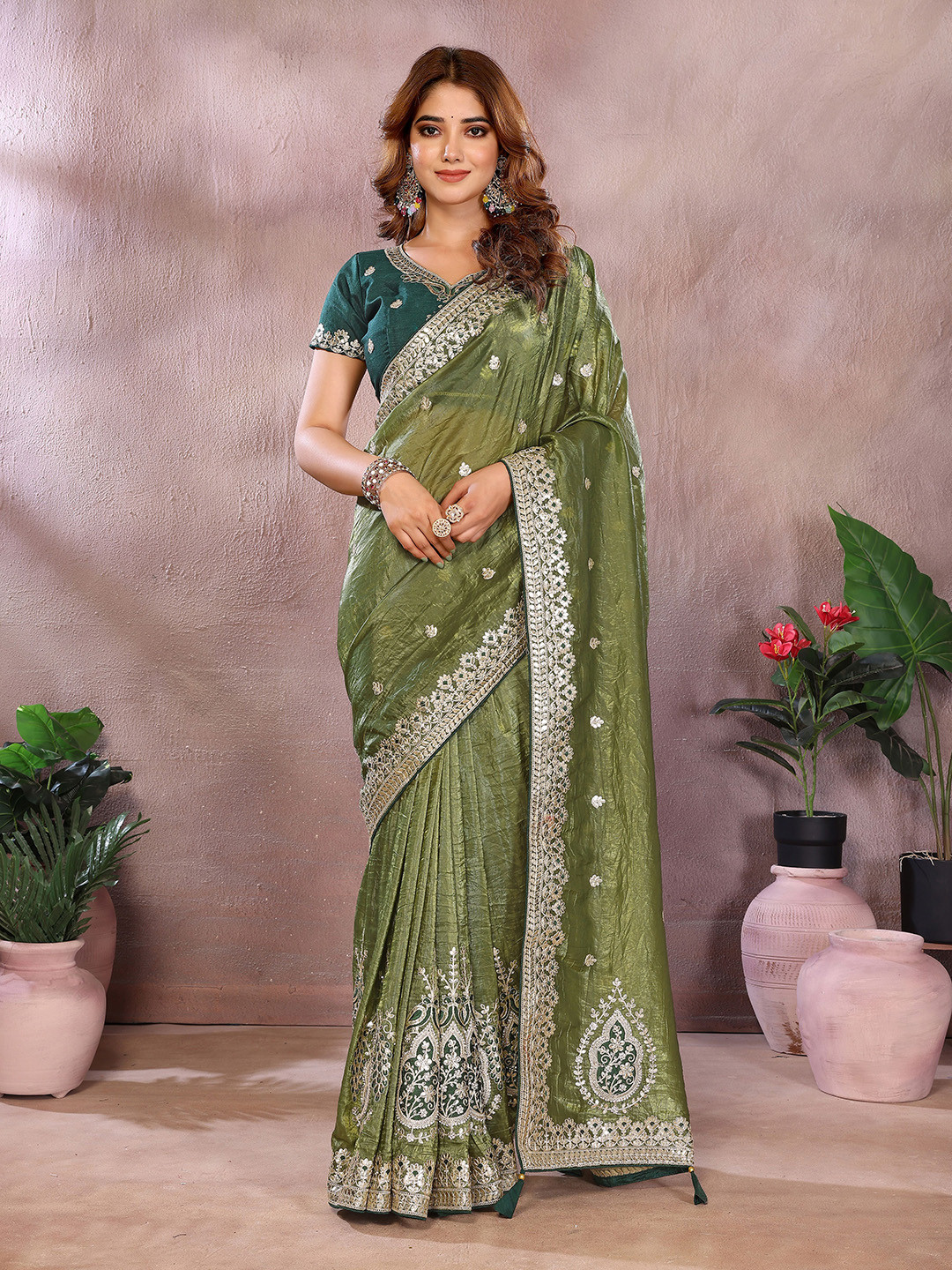 VIJAYA VALLABH Ethnic Motifs Embroidered Beads and Stones Organza Saree