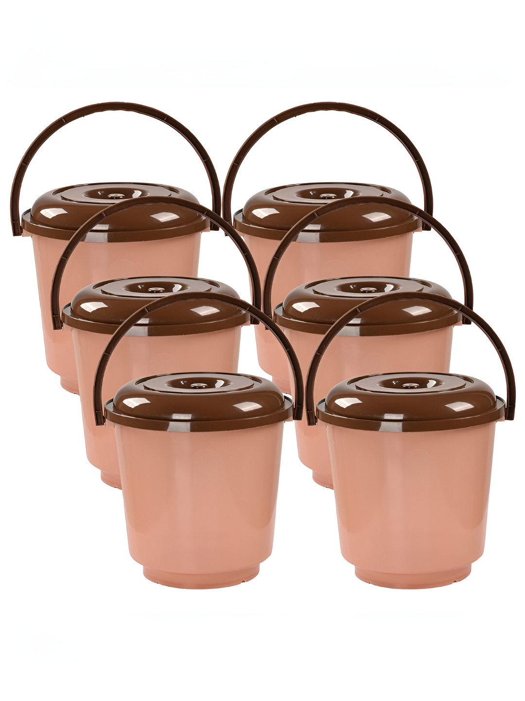 Aura Peach & Brown 6 Pieces Multi-Purpose Small Bucket Bath Accessories Set