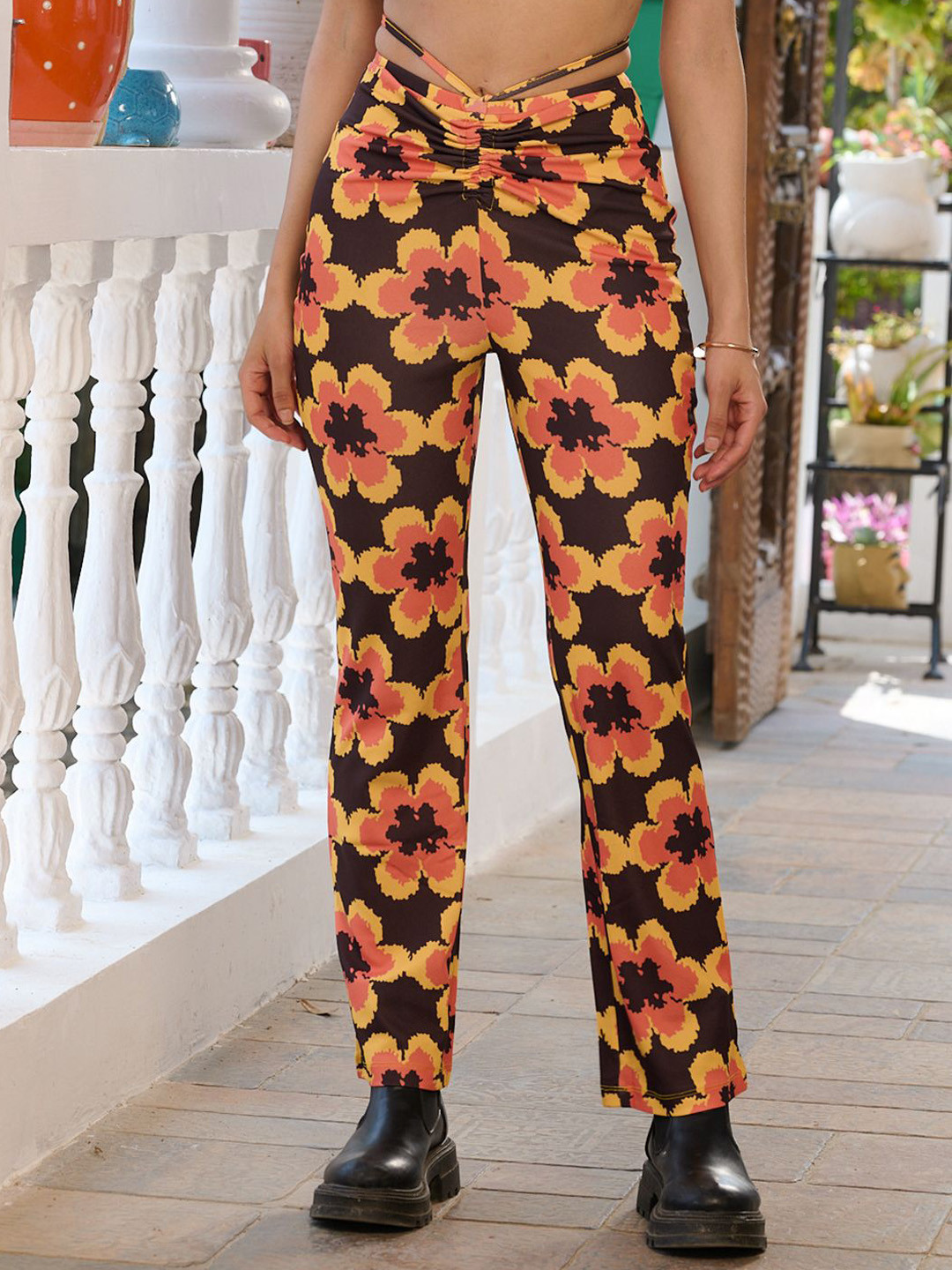 BAESD Women Floral Printed Smart Relax Fit Mid-Rise Peg Trousers