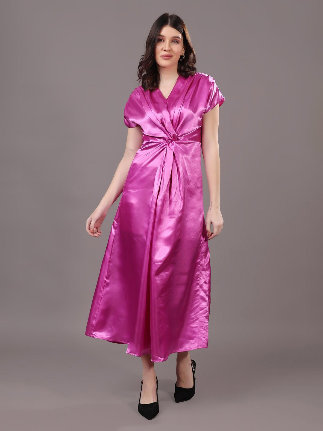 MODA-Q Solid Satin V-Neck A-Line Midi Dress