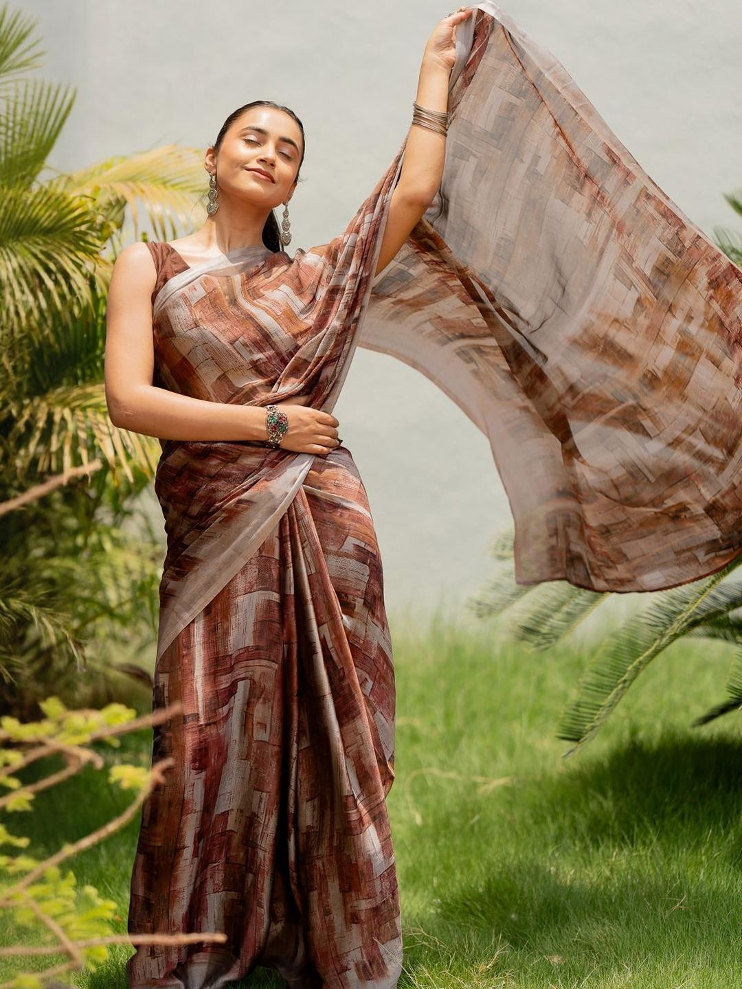 KALINI Rust Poly Chiffon Sarees