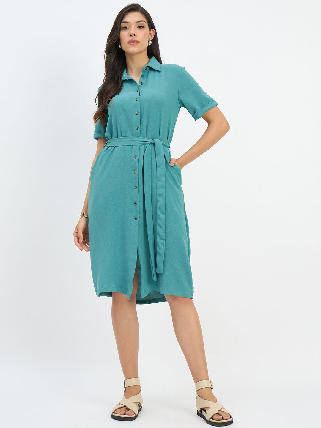 Color Cocktail Women Solid Crepe Shirt Dress