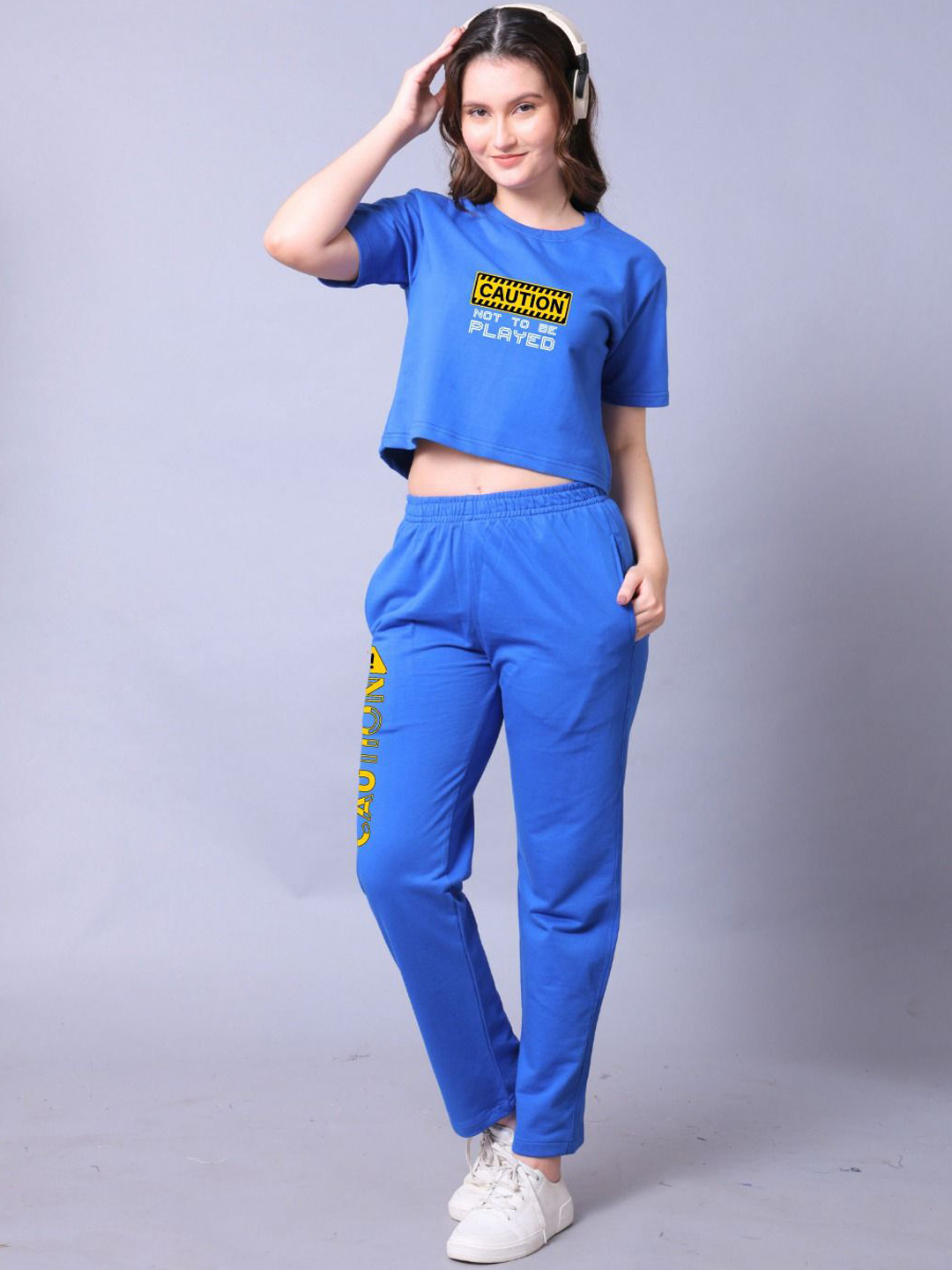 Caution Printed Round Neck Crop Top with Trousers Co-Ords