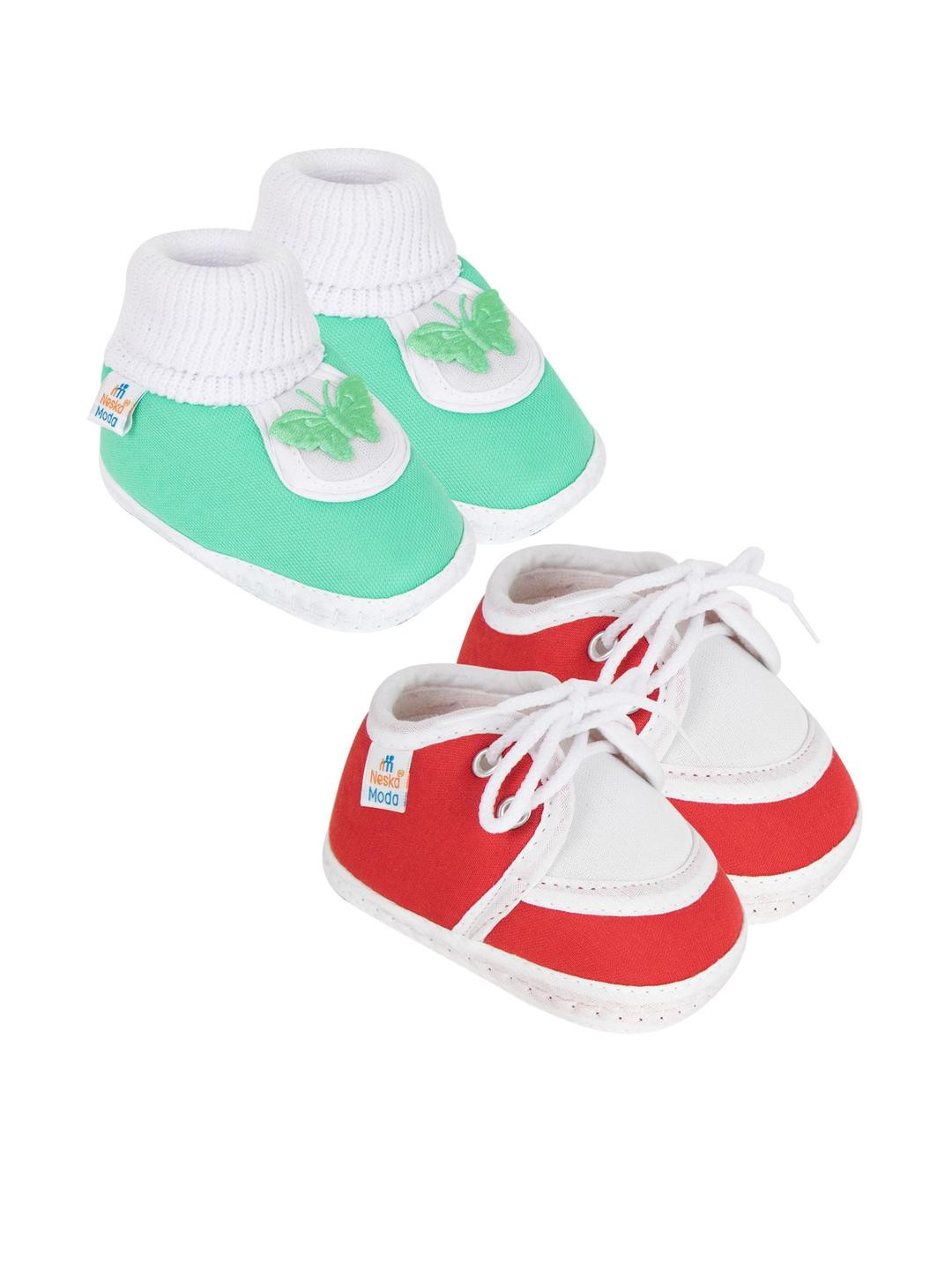 NESKA MODA Newborn 2 Pair Set 3 To 12 Month Unisex Baby Cotton Butterfly Design Soft Lace Booties