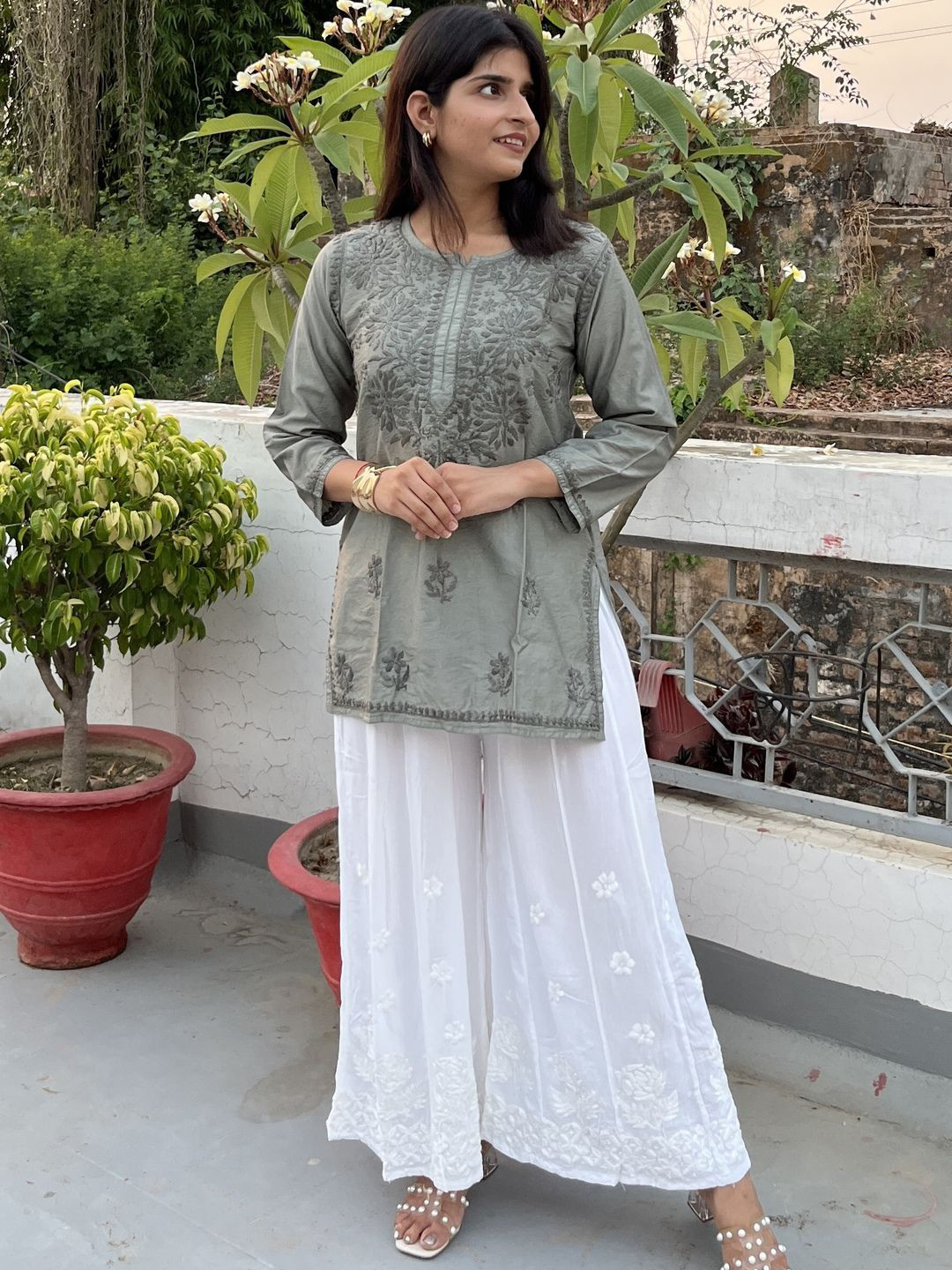 Everything In Chikankari Chanderi Chikankari Embroidered Short Kurti