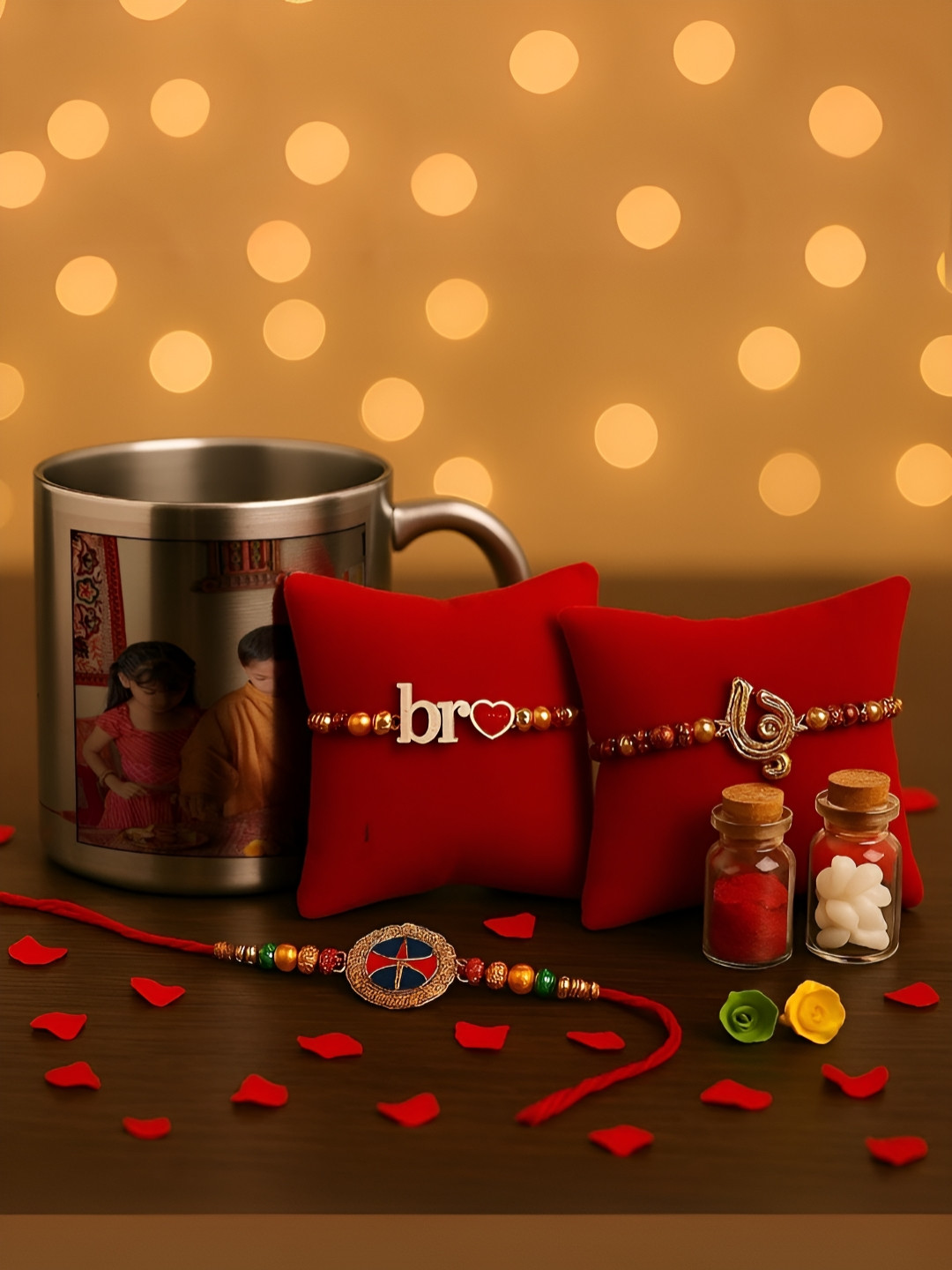 INTERNATIONAL GIFT Silver Graphic Ceramic Handmade Mug with 2 Rakhis and Roli, Akshat-320ml
