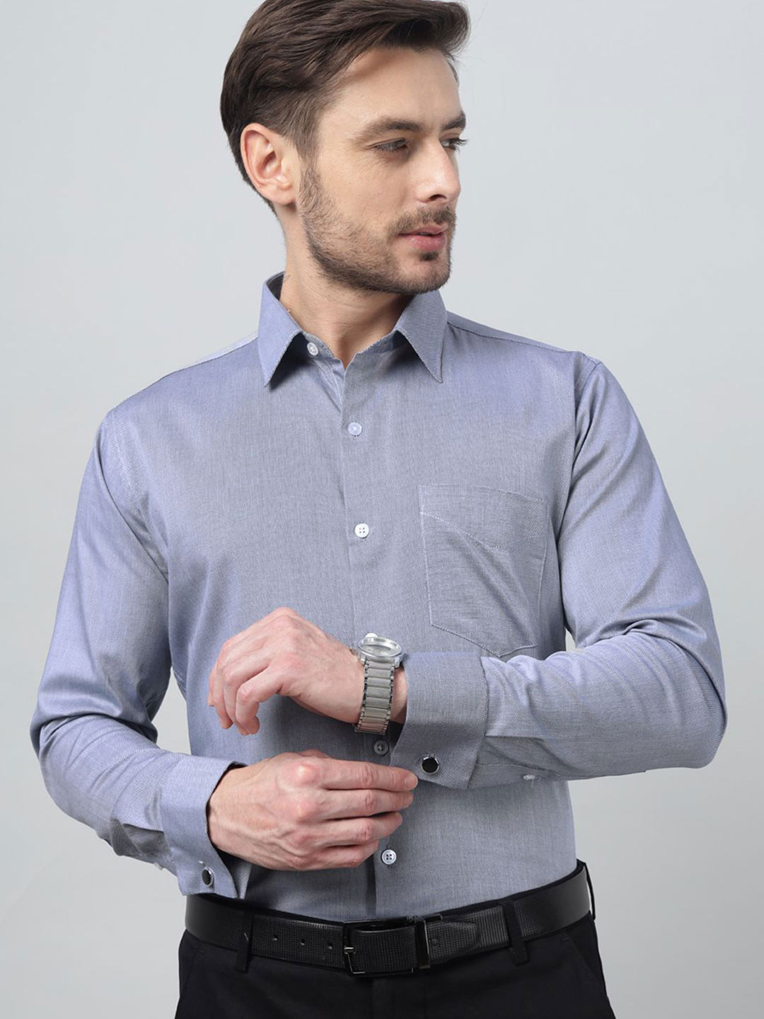 Hancock Self Design Spread Collar French Cuff Pure Cotton Premium Slim Fit Formal Shirt
