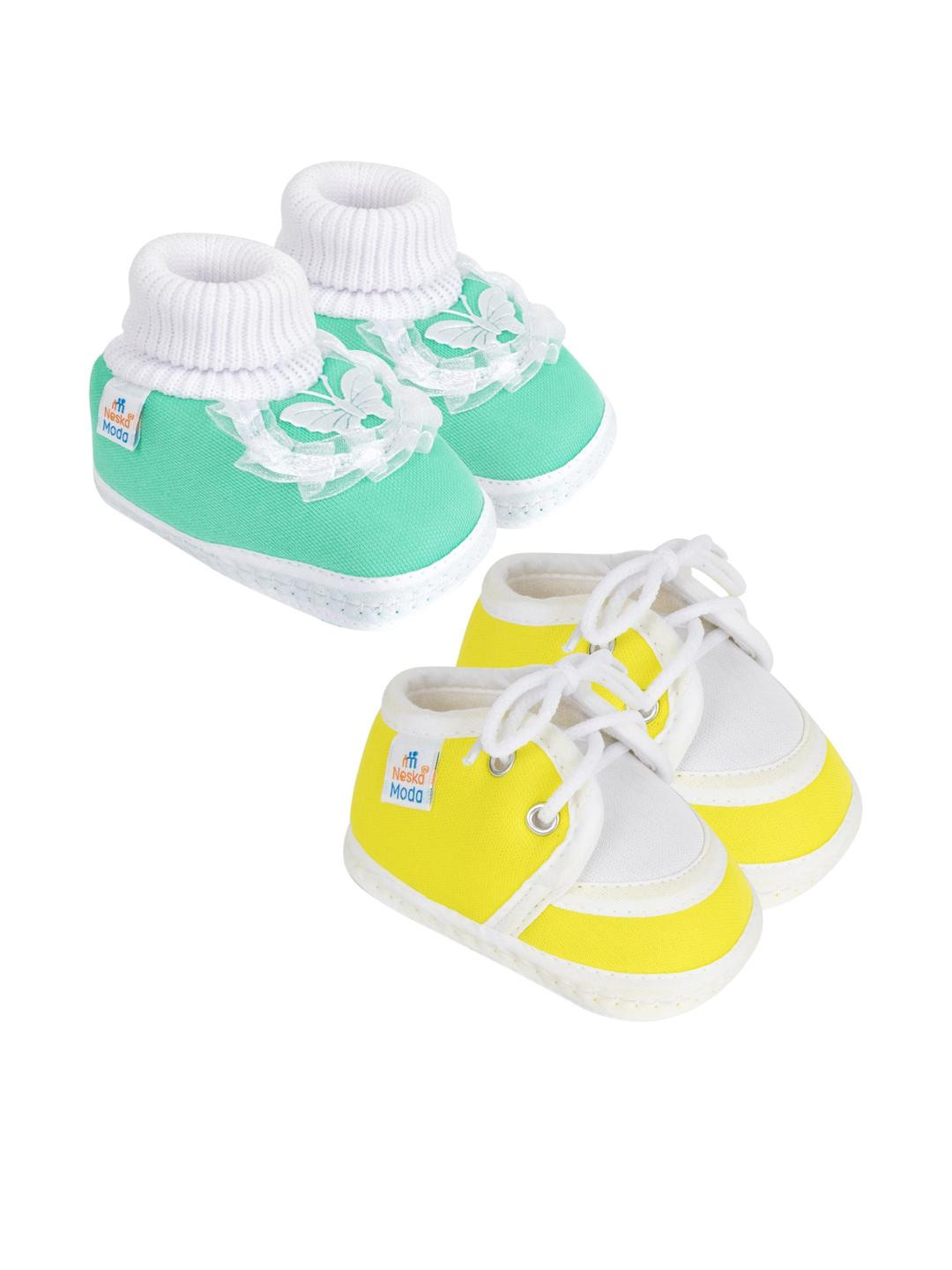 NESKA MODA 0 To 6 Months Newborn Baby 2 Pair Combo Cotton Butterfly Frill and Lace Baby Booties