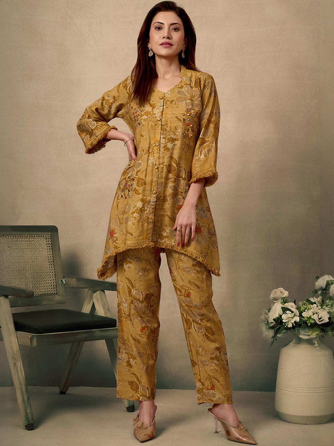 Mustard Floral Prints & Handcrafted Mirror Work Pure Cotton Co-Ord Set