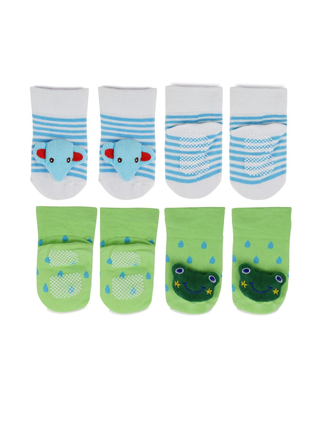 Baby Bloom Infants 0 To 2 Years 2 Pair Cotton Elephant & Frog Face Ankle Socks/ Booties