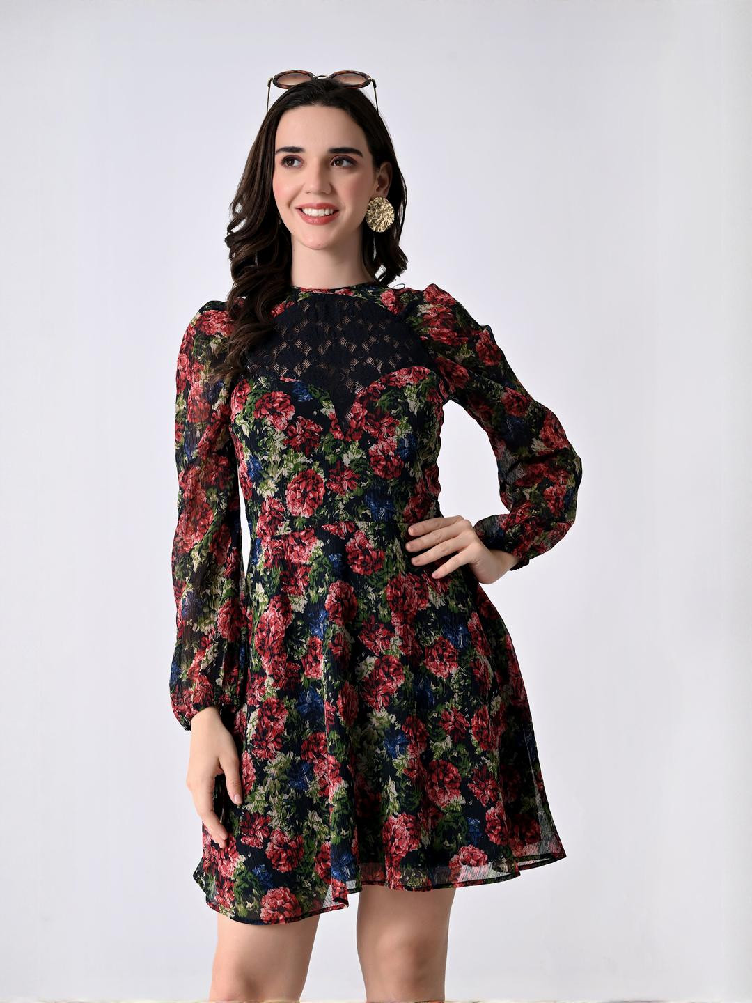 SMERA MART Floral Puff Sleeve Chiffon Mini Dress