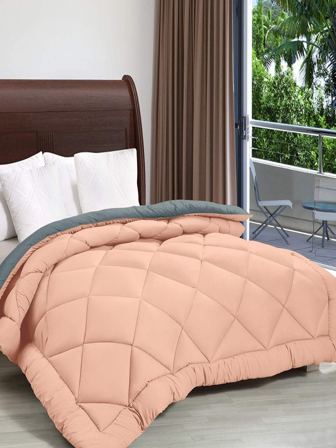 RF RELAXFEEL Peach & Grey Checked Microfiber Heavy Winter 210 GSM Double Bed Comforter